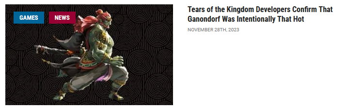 A color screenshot of an article written by Alex Andahazy. The headline says 'Tears of the Kingdom Developers Confirm That Ganondorf Was Intentionally That Hot.' The header image shows a muscular, partially shirtless man with red hair on a black background