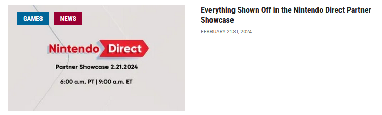 A color screenshot of an article written by Alex Andahazy. The headline says 'Everything Shown Off in the Nintendo Direct Partner Showcse.' The header image is of a red logo that says 'Nintendo Direct.'