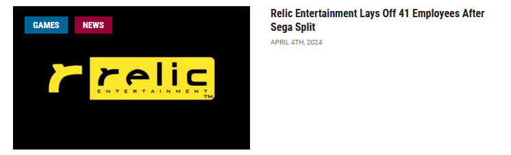 A color screenshot of an article written by Alex Andahazy. The headline says 'Relic Entertainment Lays Off 41 Employees After Sega Split.' The header image shows a yellow gun on a black background pointing at a yellow logo that reads 'relic entertainment.